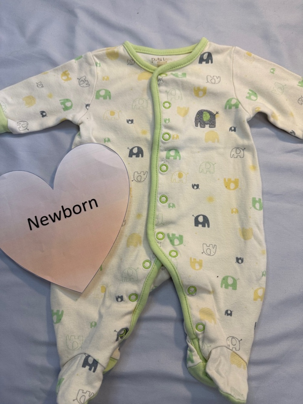 Petit Lem - Cream and Green Onesie with Elephant Motif
